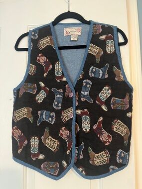 Vintage Cowboy Boot Patterned Vest with Blue Trim